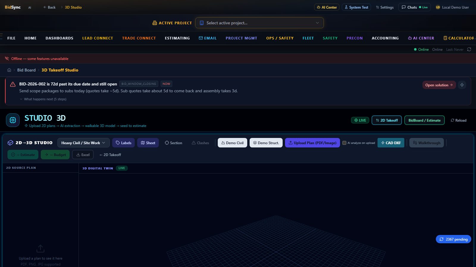 3D Studio walkthroughs screen in BidSync AI
