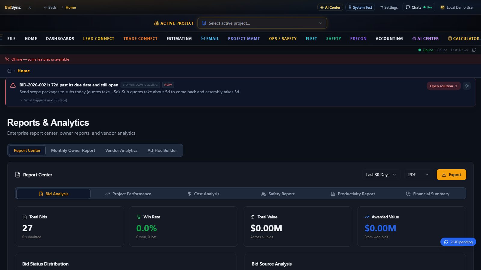 Ad-hoc reporting screen in BidSync AI