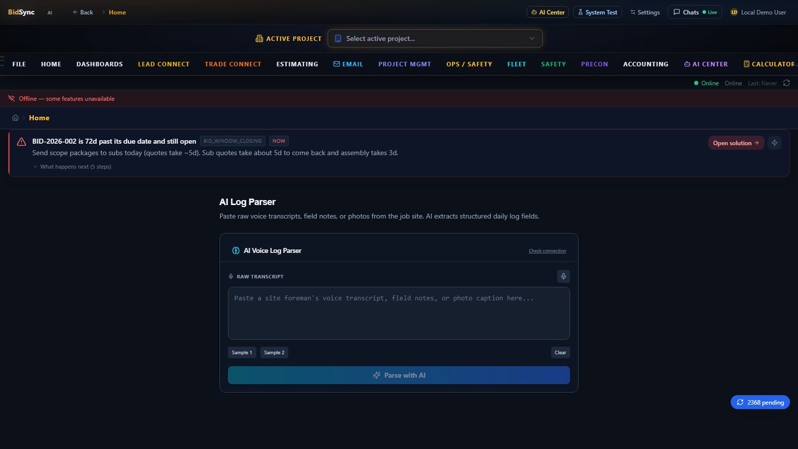 AI log parser screen in BidSync AI