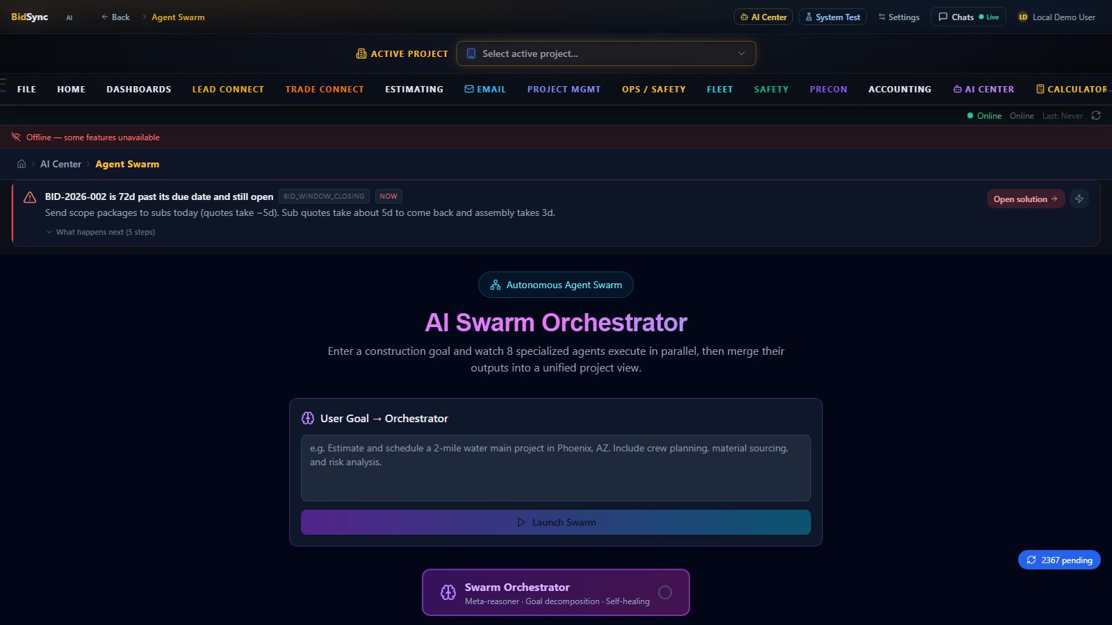 Autonomous 8-agent swarm screen in BidSync AI