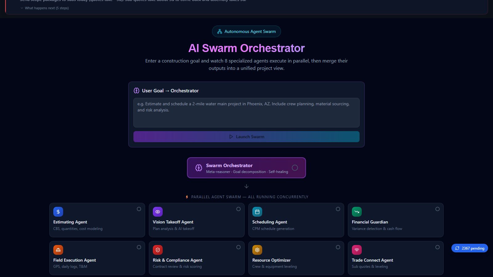 Autonomous 8-agent swarm (continued) screen in BidSync AI