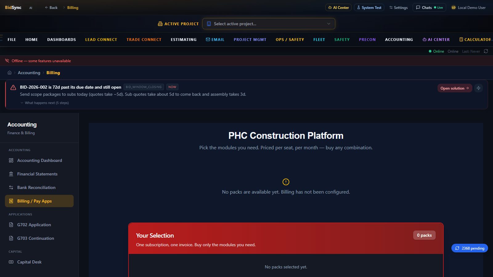 Billing & fees screen in BidSync AI
