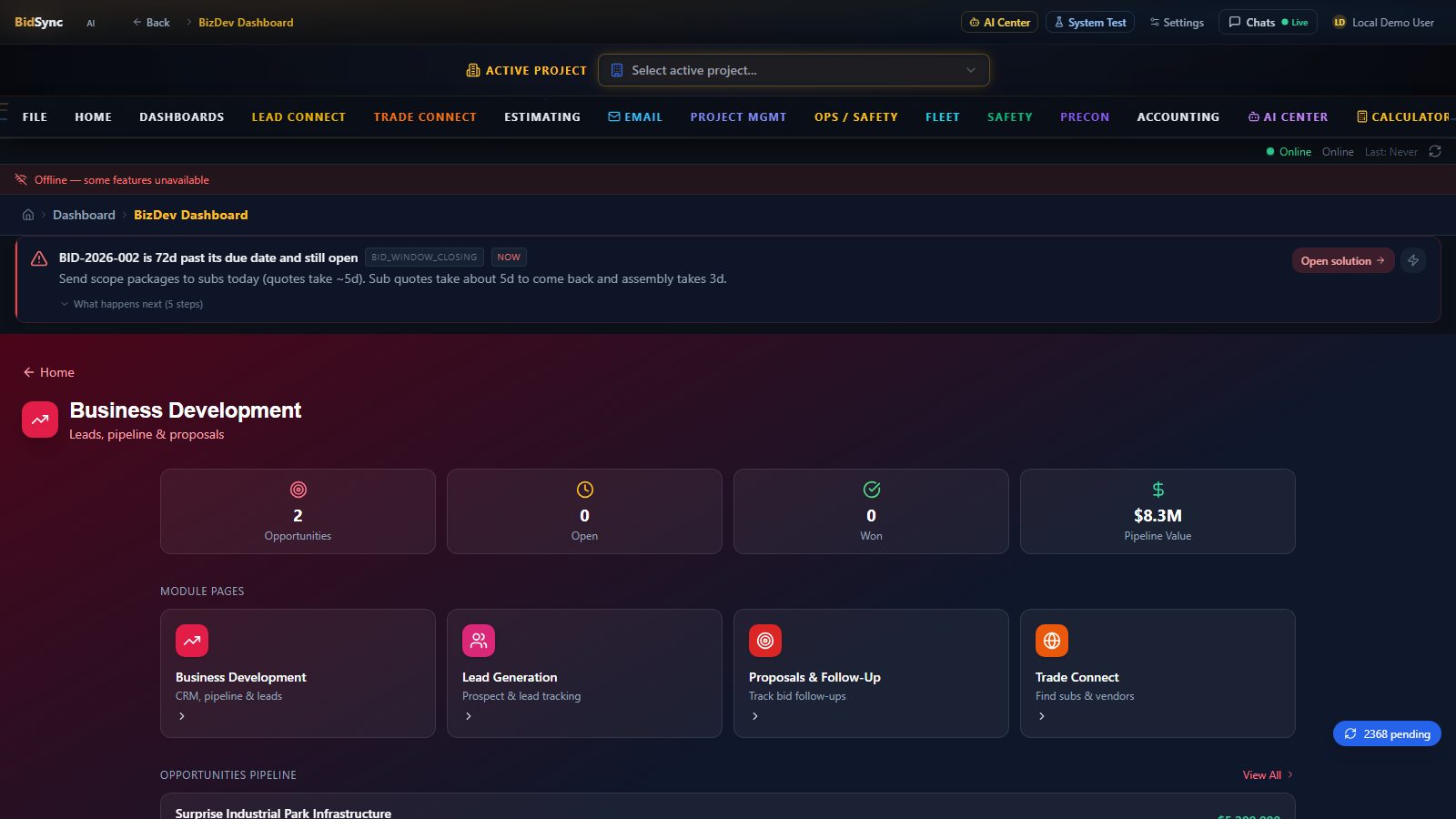 Business development dashboard screen in BidSync AI