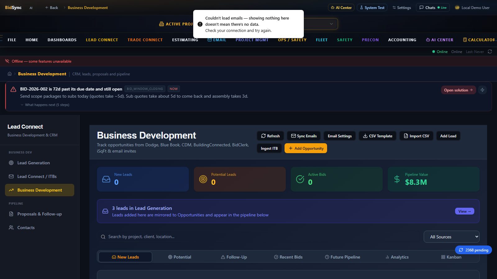 Business development dashboard screen in BidSync AI