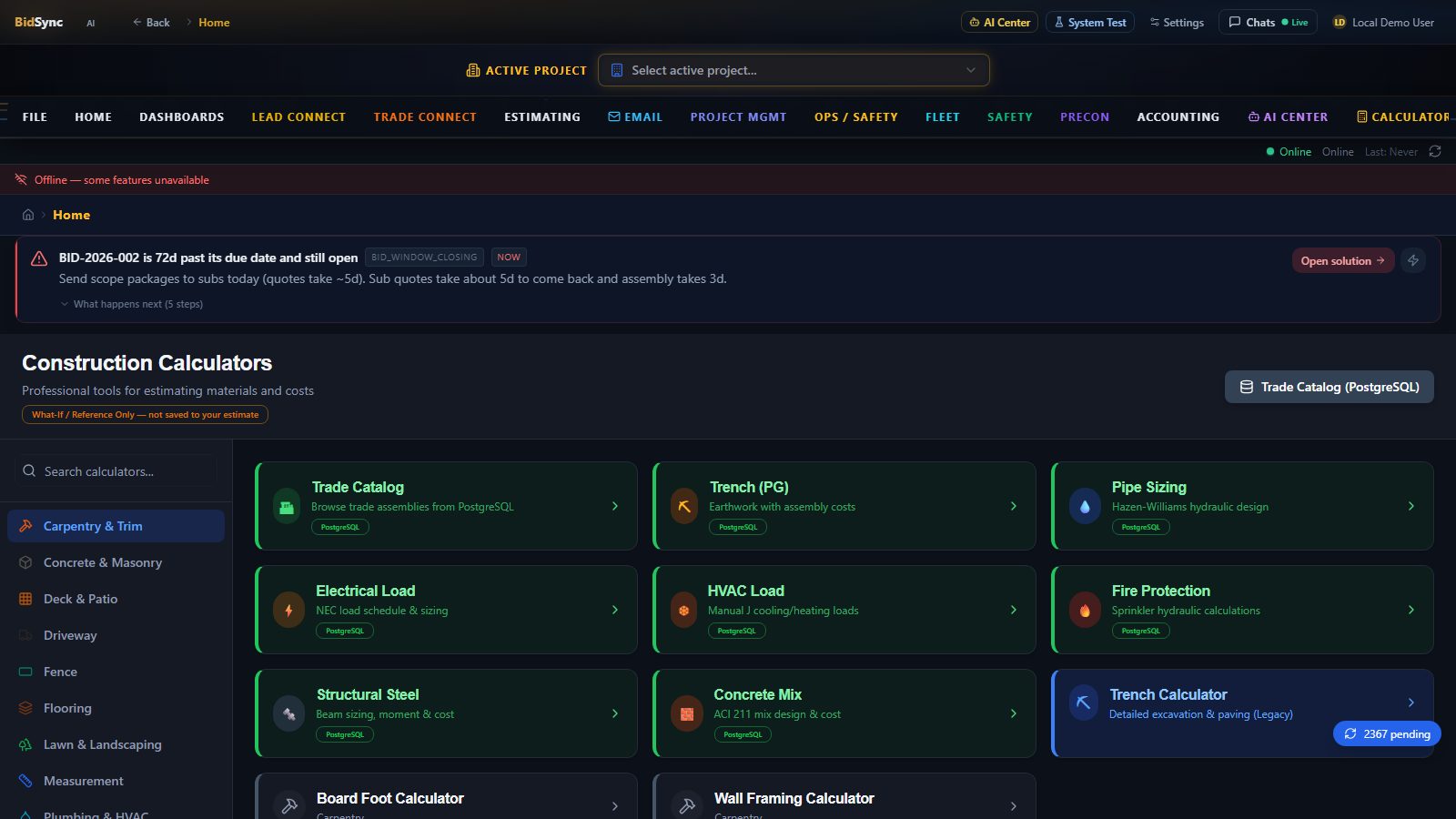 Construction calculators screen in BidSync AI