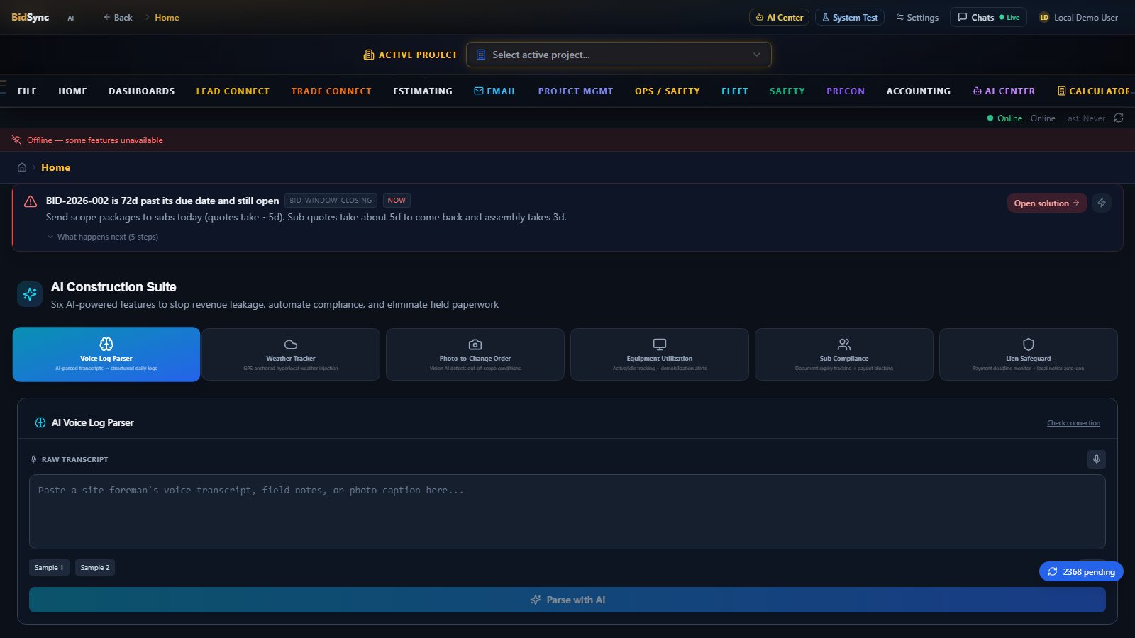 Construction intelligence suite screen in BidSync AI