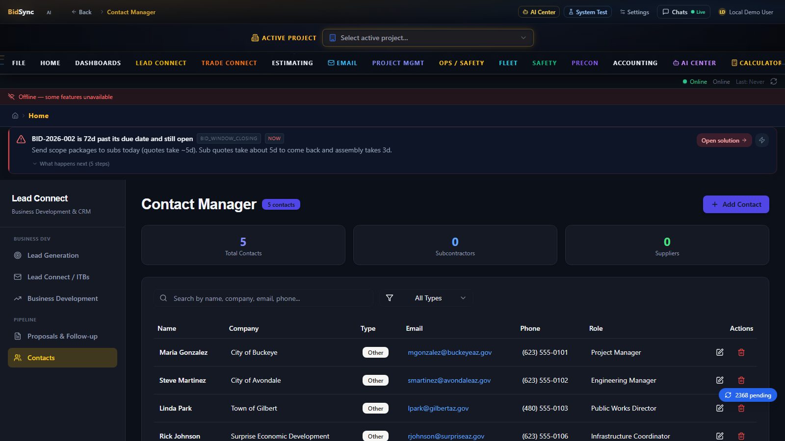 Contact manager screen in BidSync AI