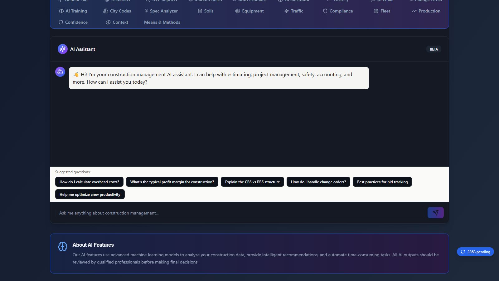 Cost predictor screen in BidSync AI