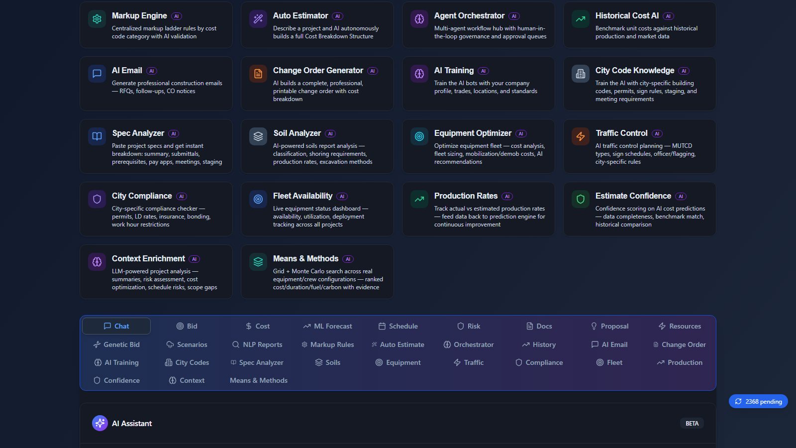 Cost predictor (continued) screen in BidSync AI