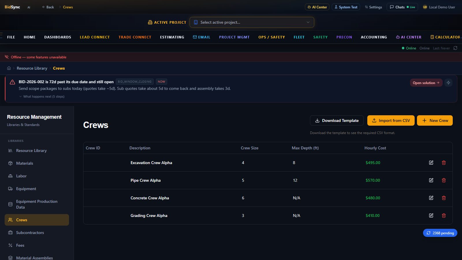 Crew & employee management screen in BidSync AI