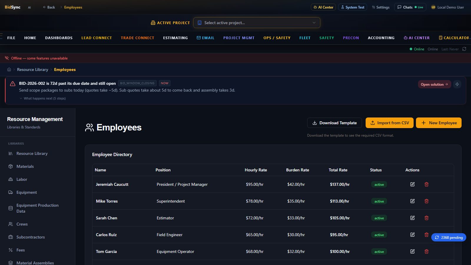 Crew & employee management screen in BidSync AI