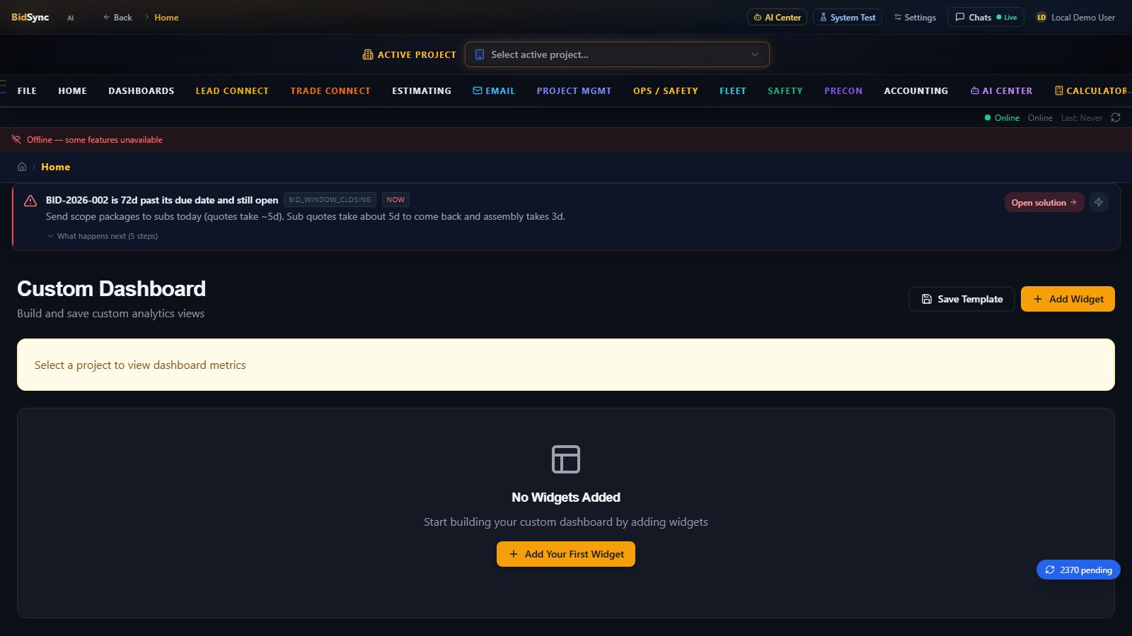 Custom dashboards screen in BidSync AI