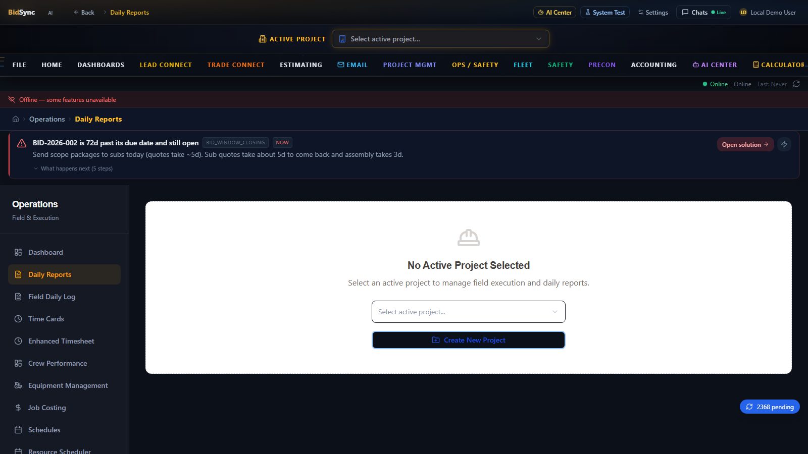 Daily reports screen in BidSync AI