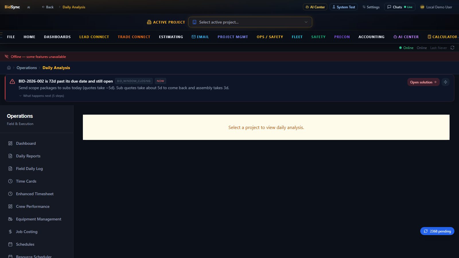 Daily reports screen in BidSync AI