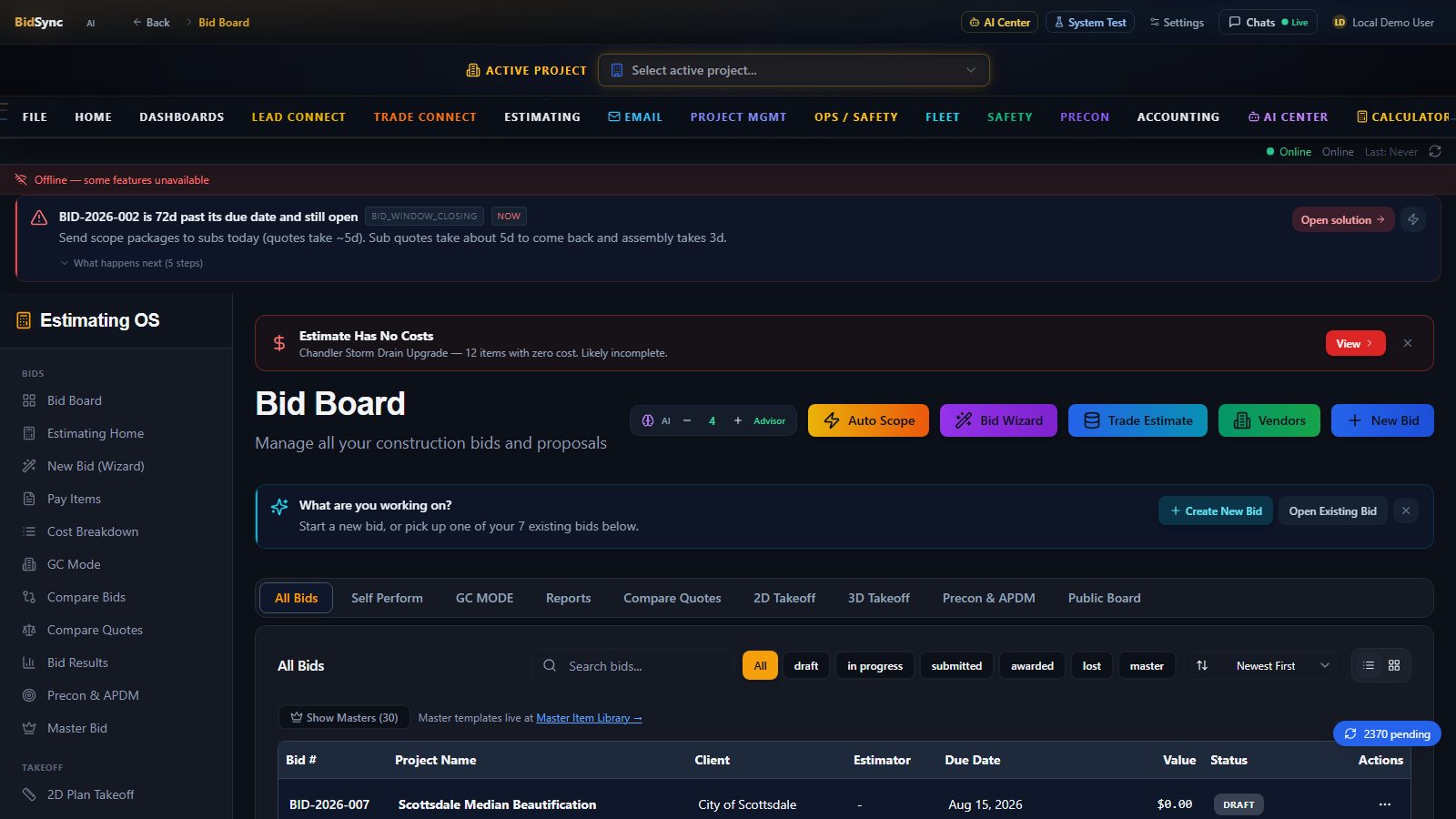 Dodge / PlanHub plan feeds screen in BidSync AI