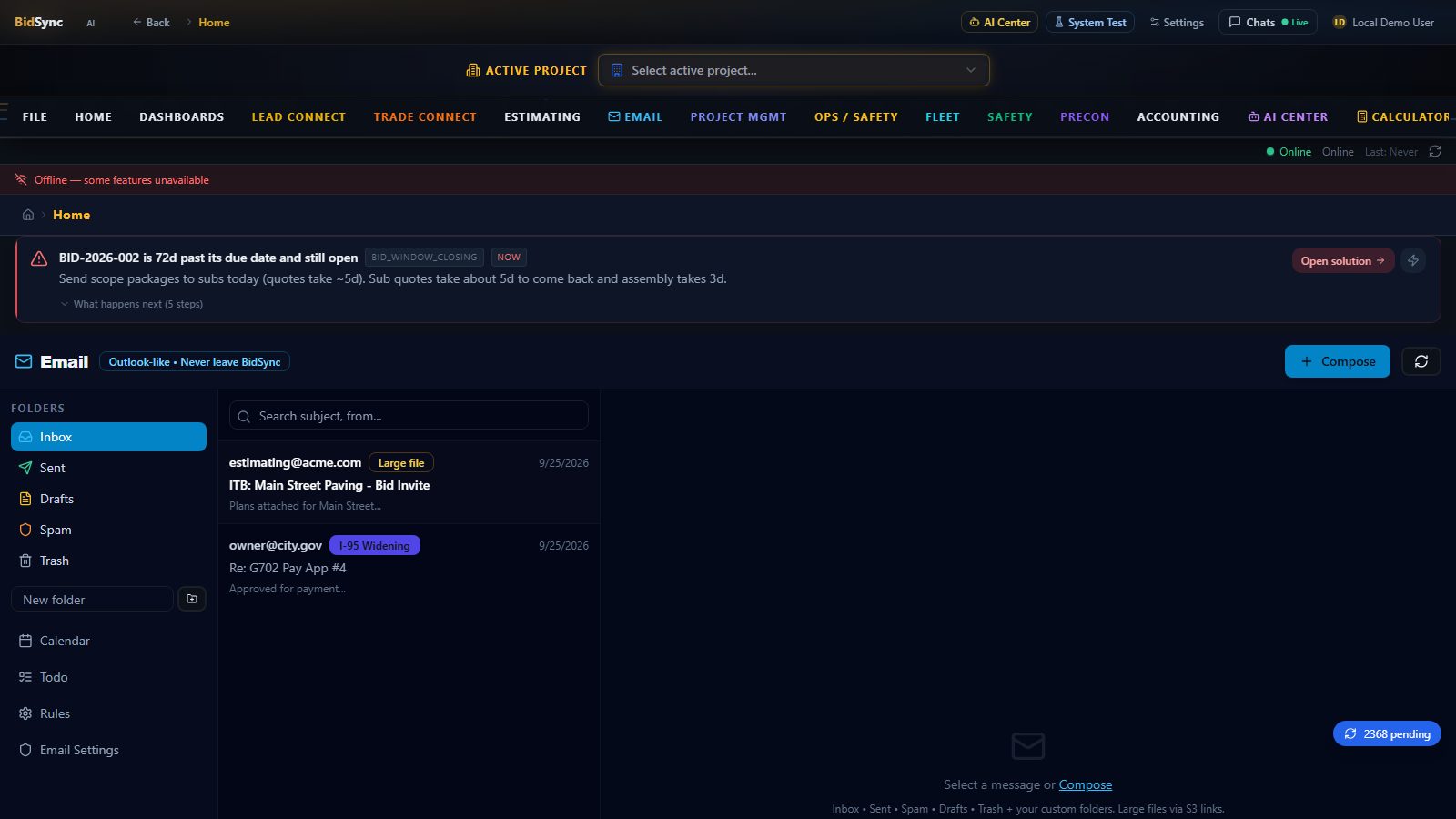 Unified email inbox screen in BidSync AI