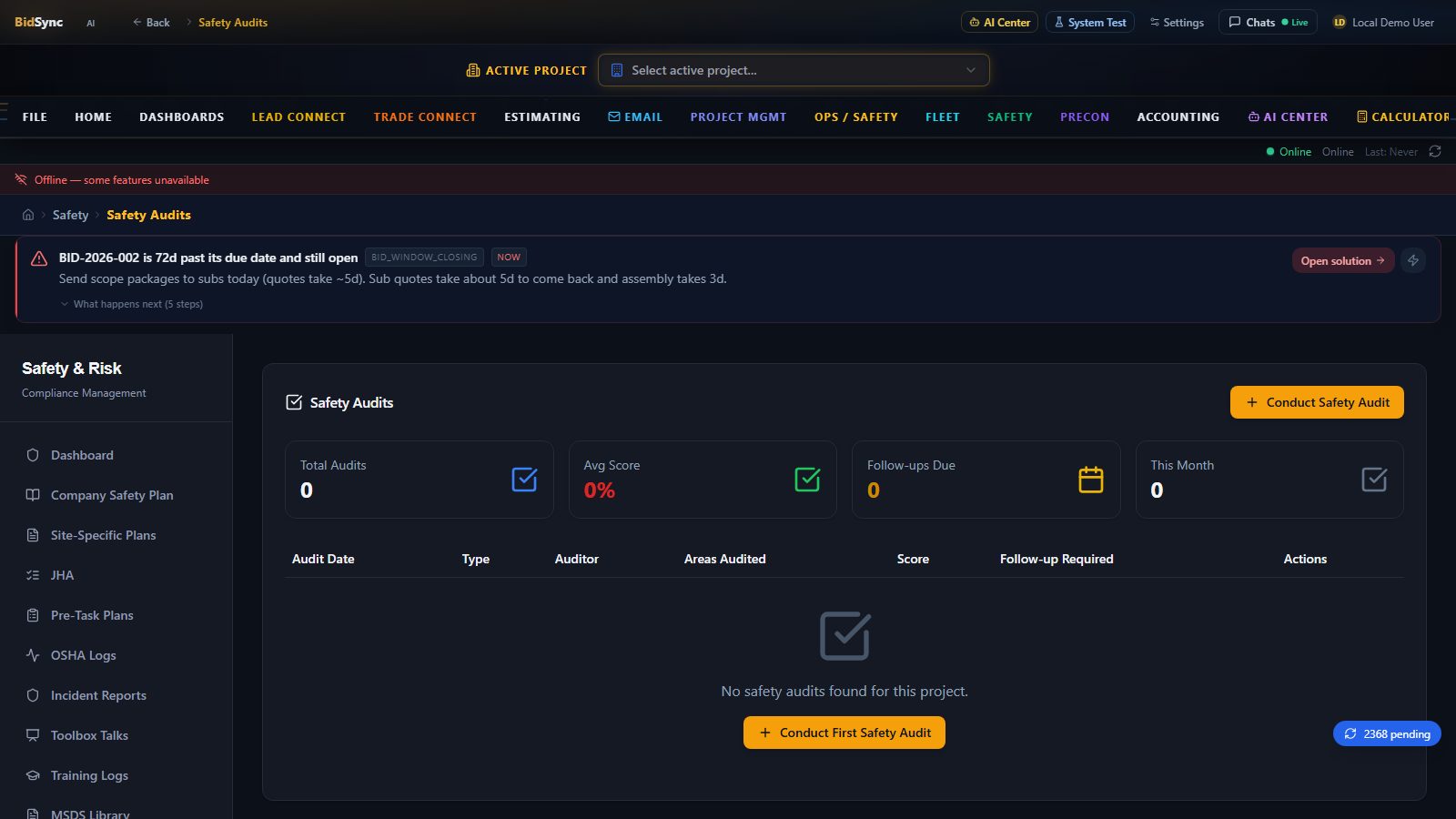 Evidence layer & audit trail screen in BidSync AI