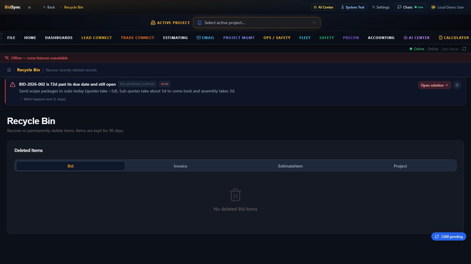 Evidence layer & audit trail screen in BidSync AI