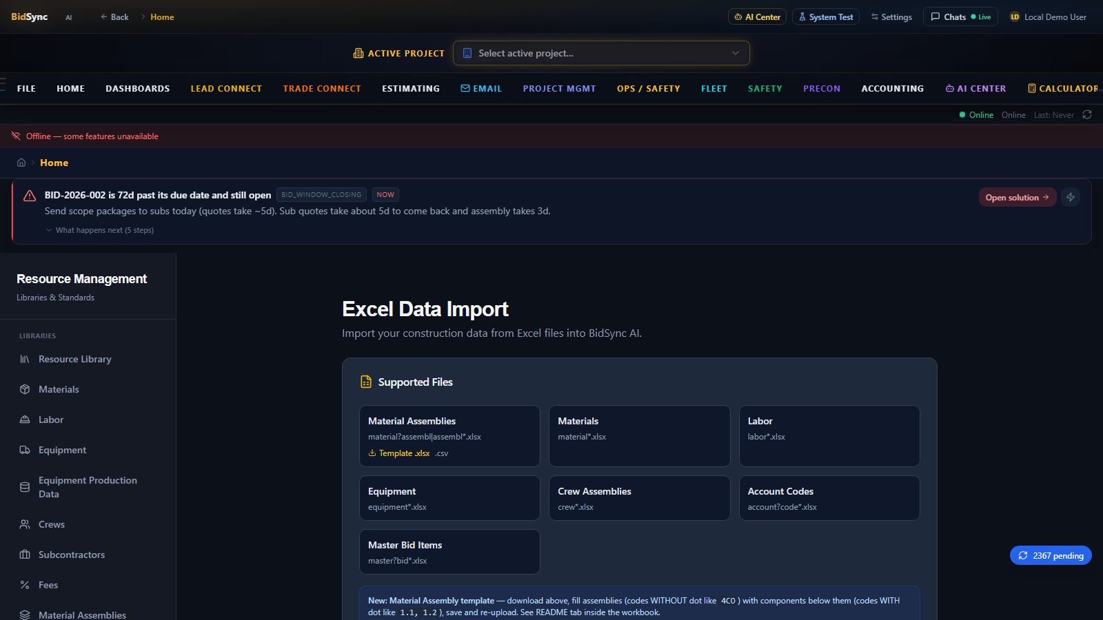 Excel import & mapping screen in BidSync AI
