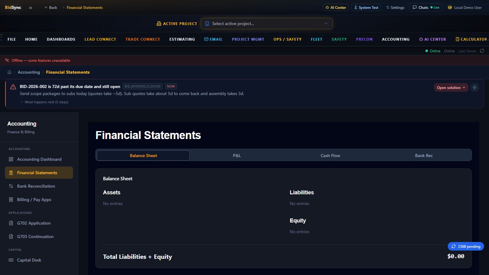 Financial statements screen in BidSync AI