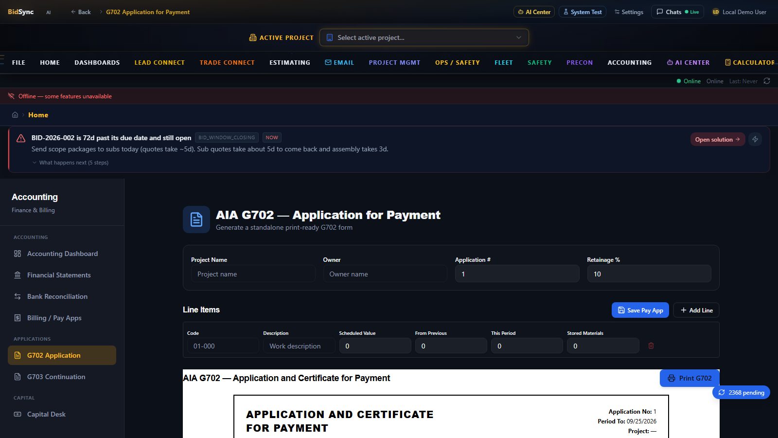 G702 / G703 pay applications screen in BidSync AI