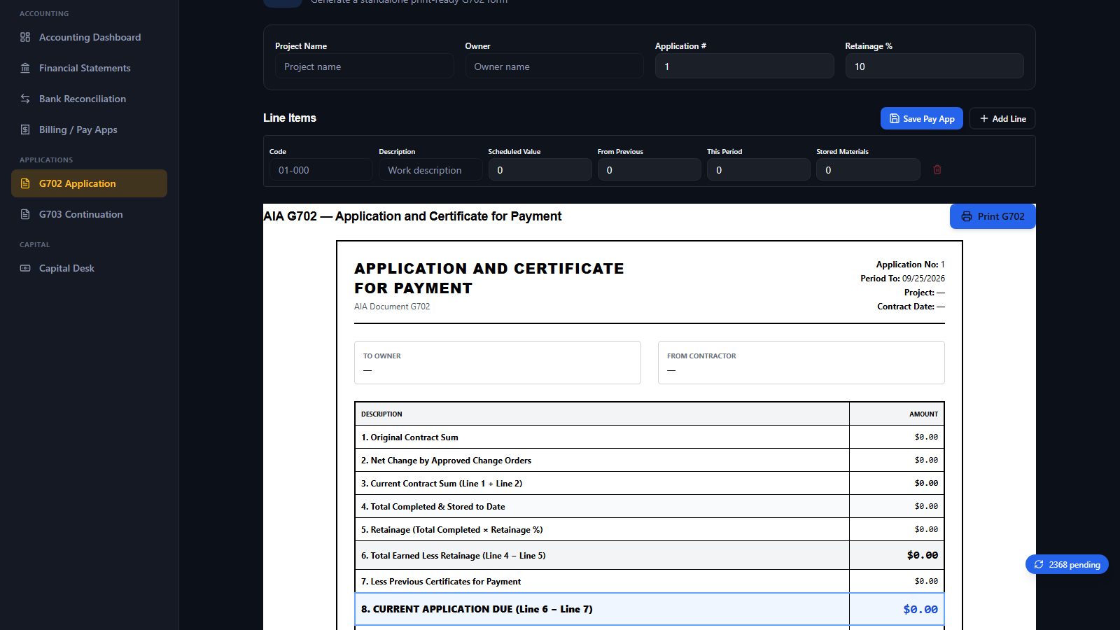 G702 / G703 pay applications (continued) screen in BidSync AI