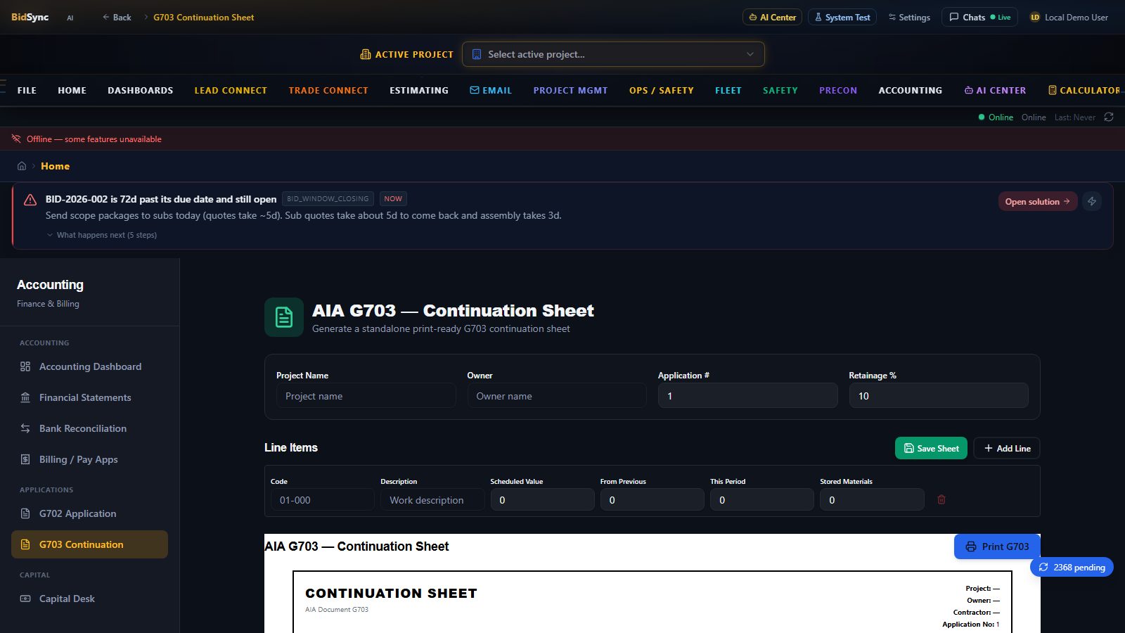 G702 / G703 pay applications screen in BidSync AI