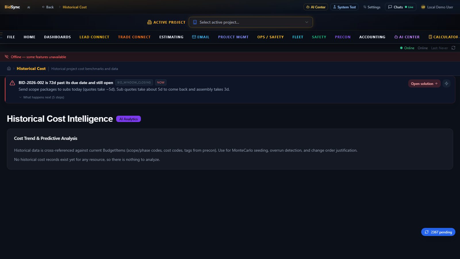 Historical cost databases screen in BidSync AI