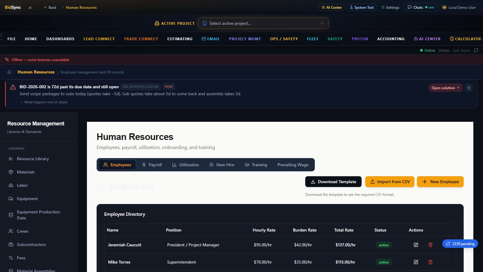 HR module screen in BidSync AI