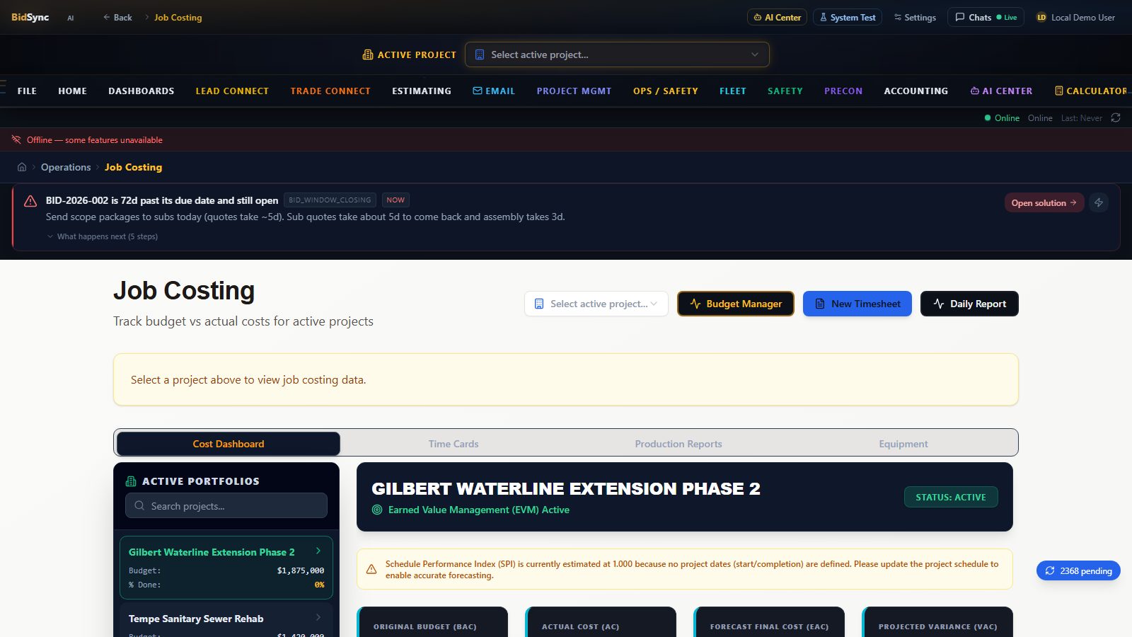Job costing screen in BidSync AI