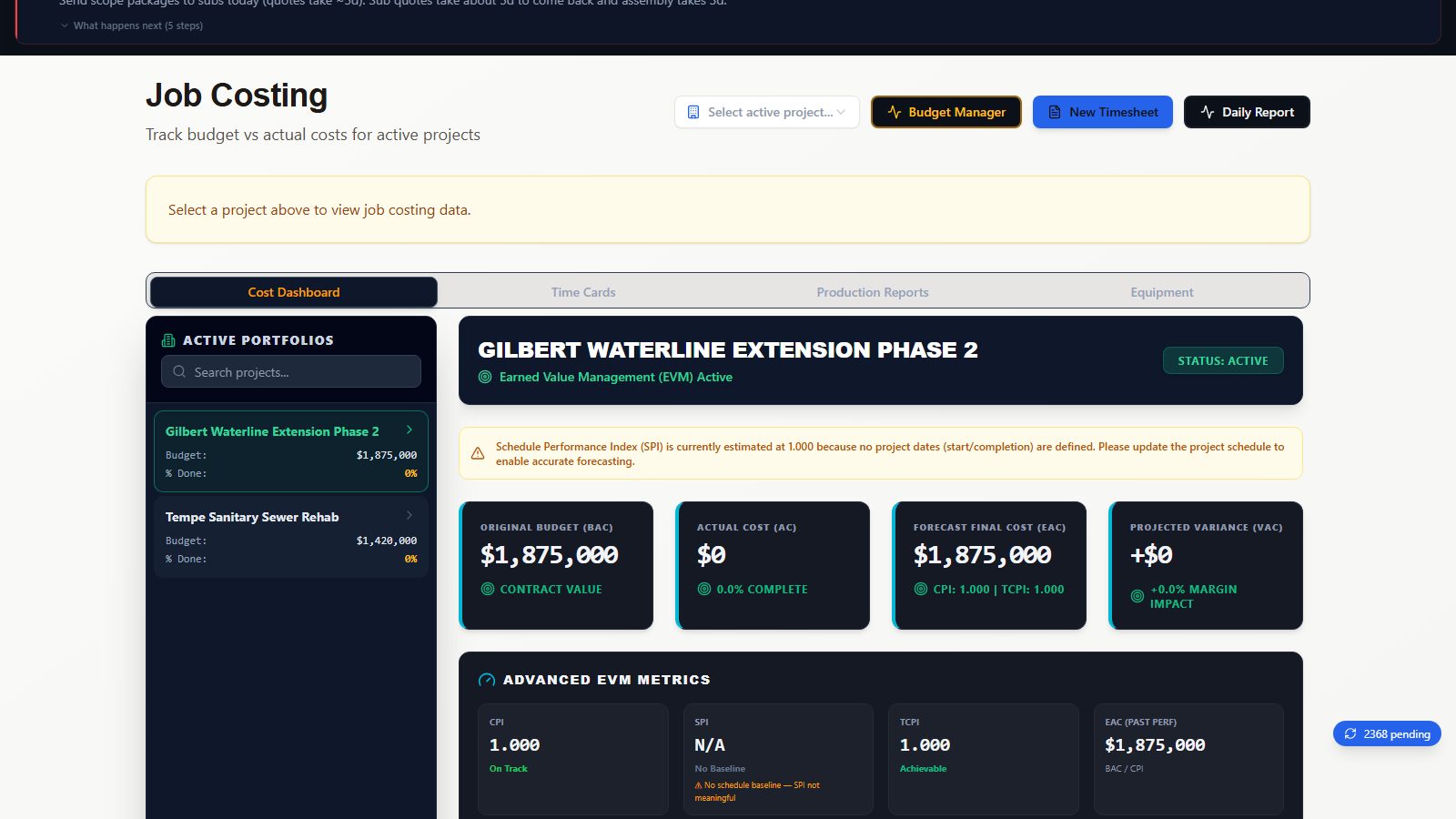 Job costing (continued) screen in BidSync AI