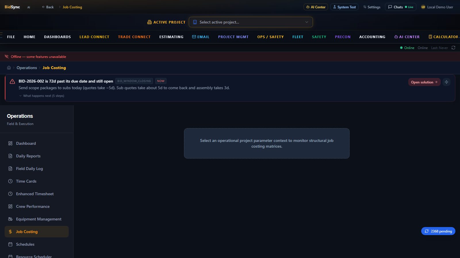 Job costing screen in BidSync AI