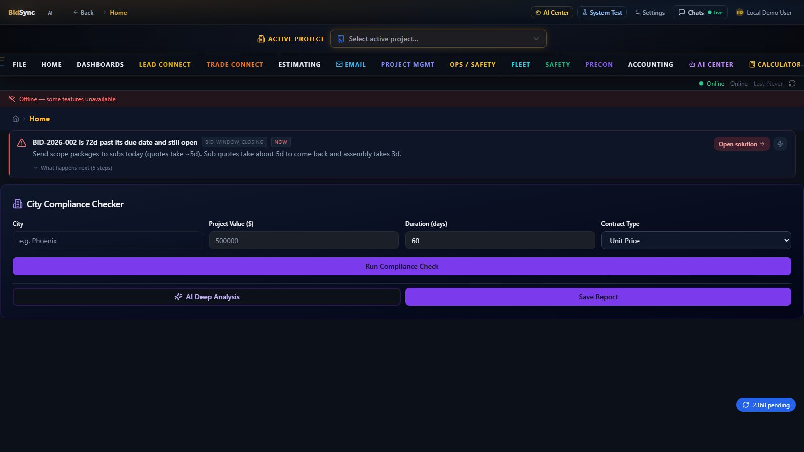 Jurisdiction & DOT compliance checks screen in BidSync AI
