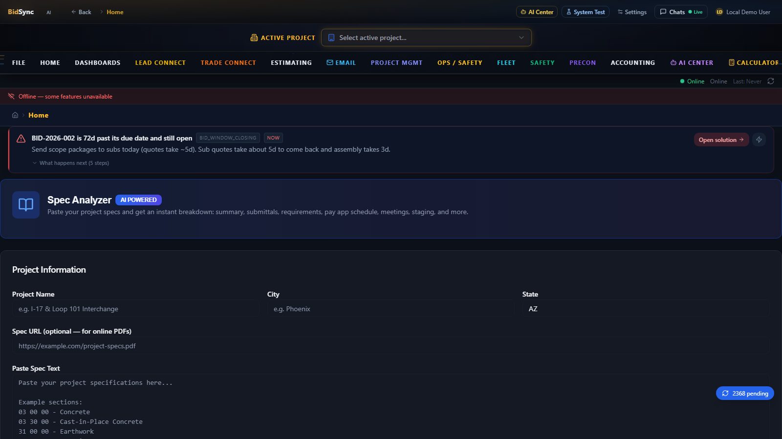 Jurisdiction & DOT compliance checks screen in BidSync AI
