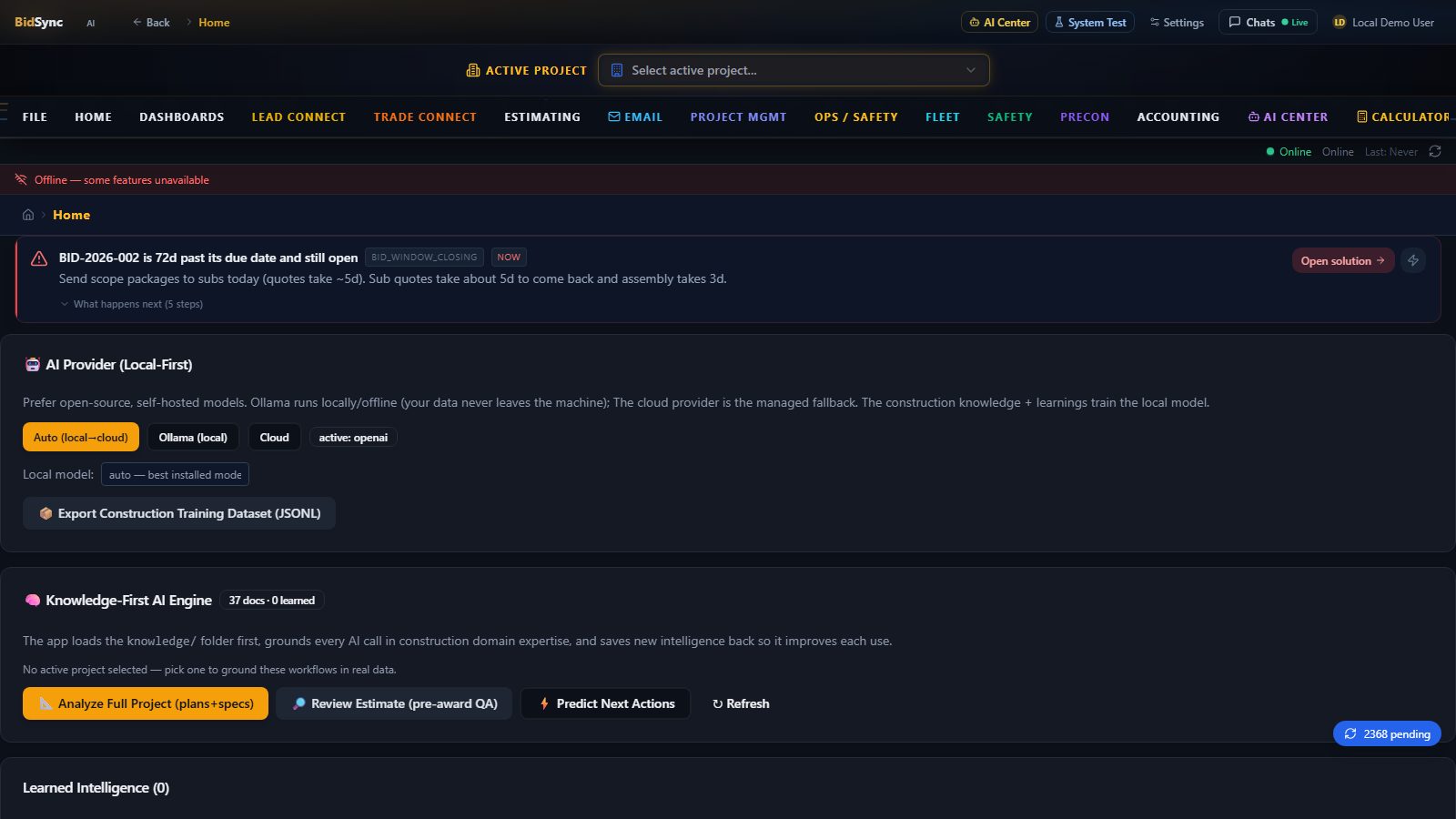 Knowledge engine screen in BidSync AI