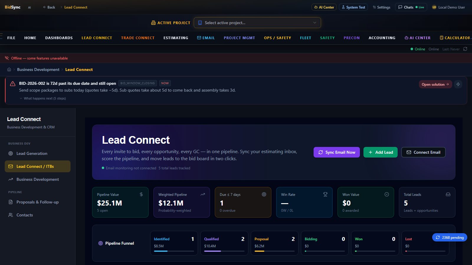 Lead Connect screen in BidSync AI