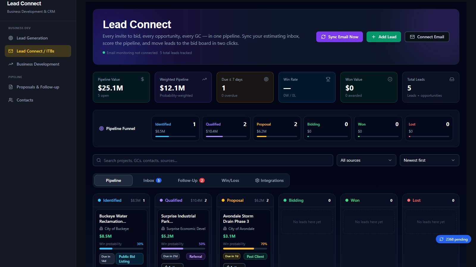 Lead Connect (continued) screen in BidSync AI