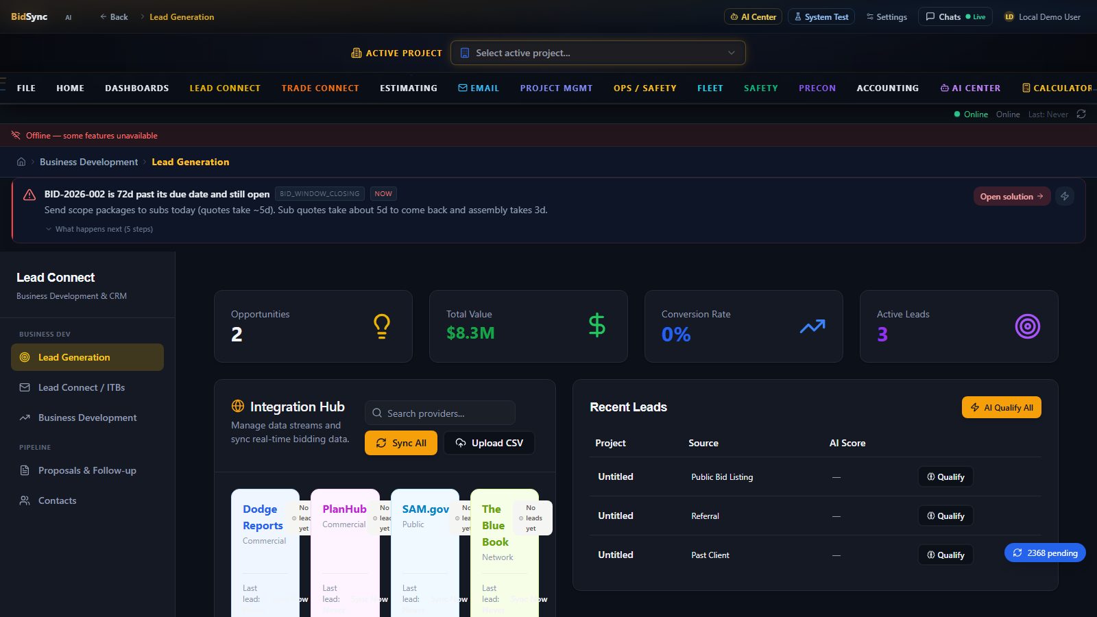 Lead generation engine screen in BidSync AI