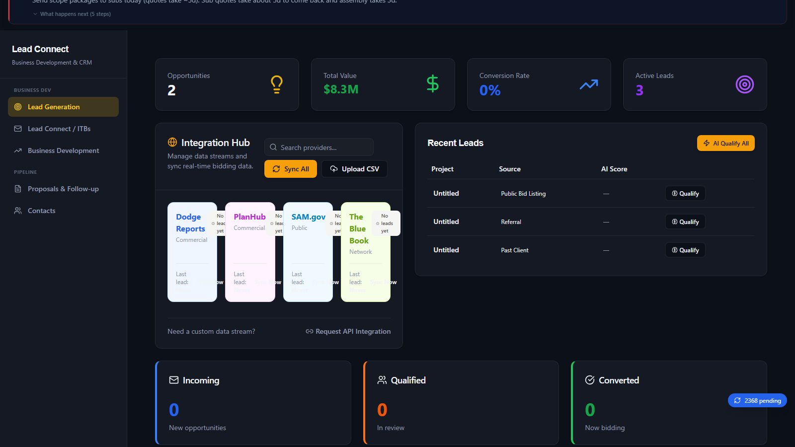 Lead generation engine (continued) screen in BidSync AI