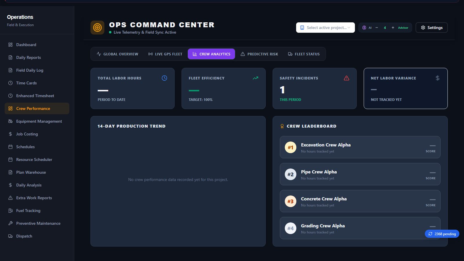 Live crew GPS tracking (continued) screen in BidSync AI