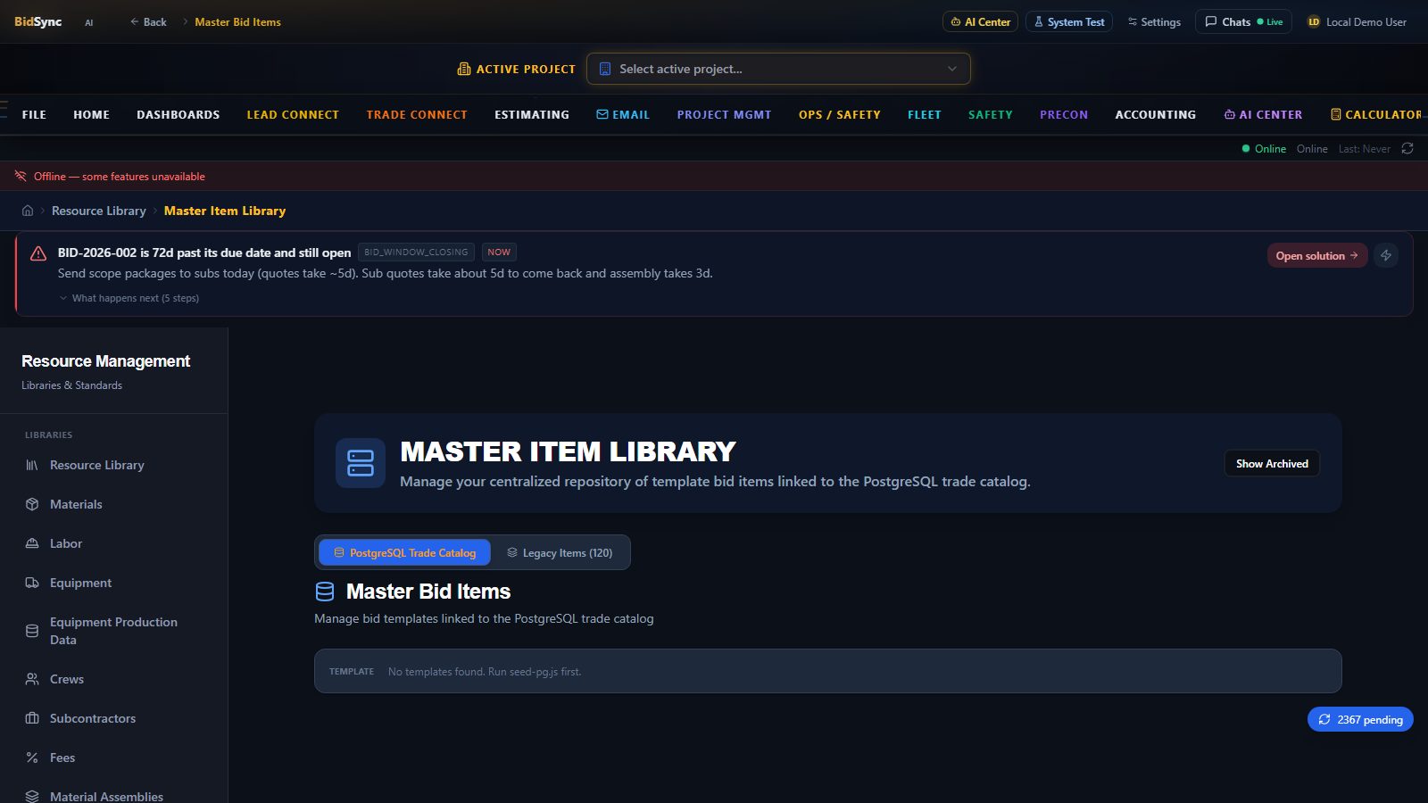 Master bid items database screen in BidSync AI