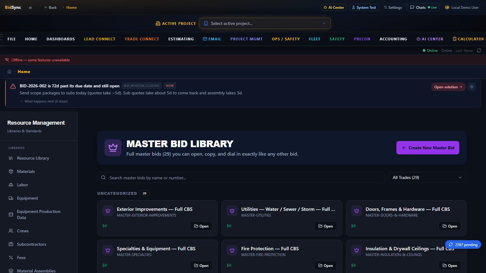 Master bid items database screen in BidSync AI
