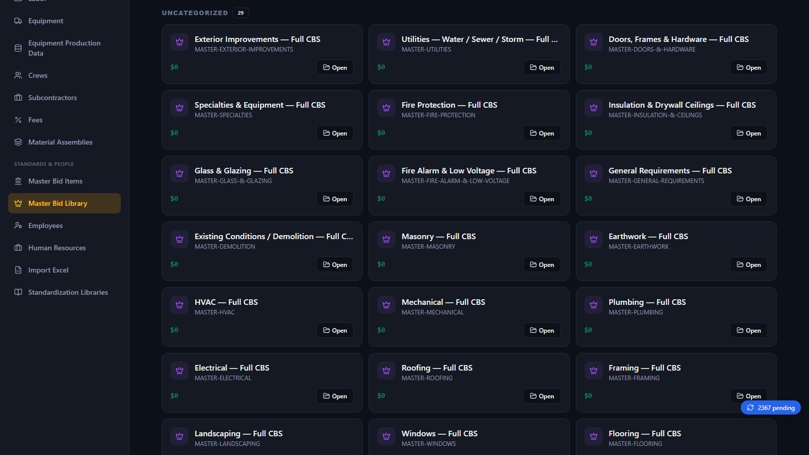 Master bid items database (continued) screen in BidSync AI