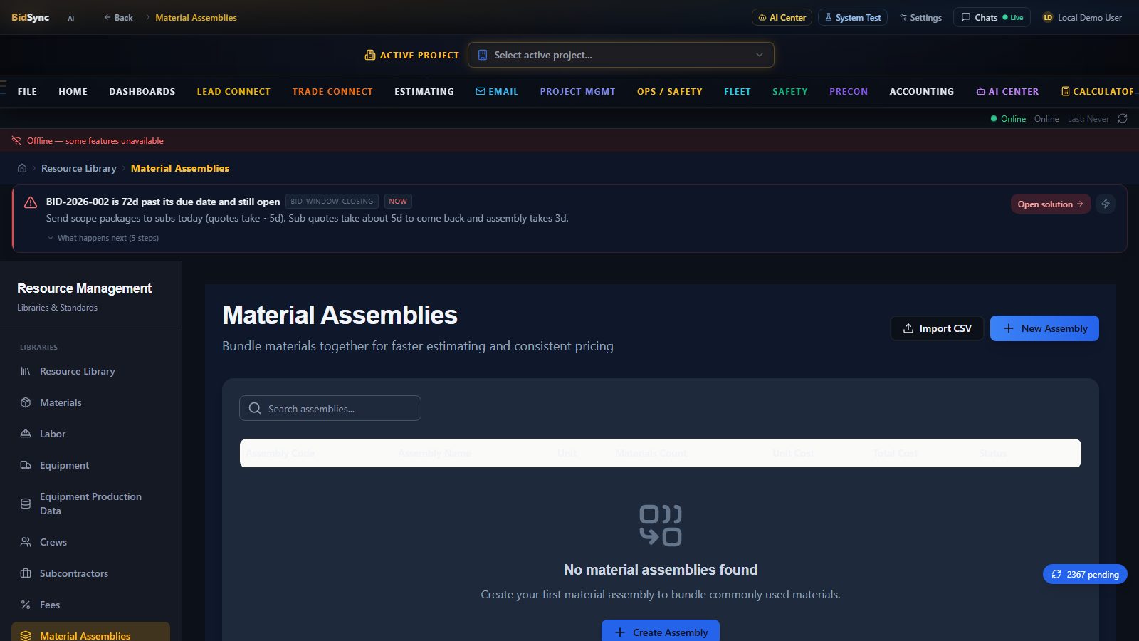 Material assemblies library screen in BidSync AI