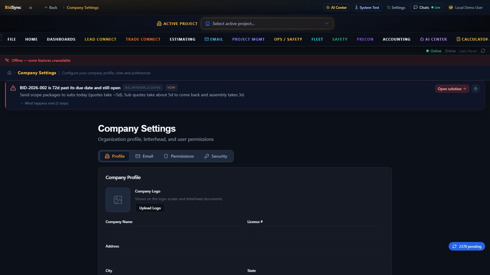 Multi-company settings screen in BidSync AI