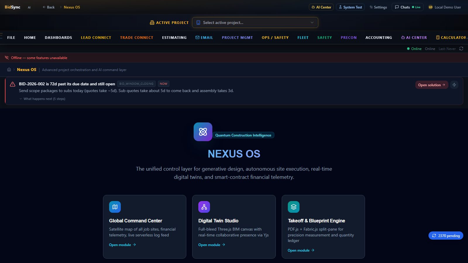 NexusOS command center screen in BidSync AI