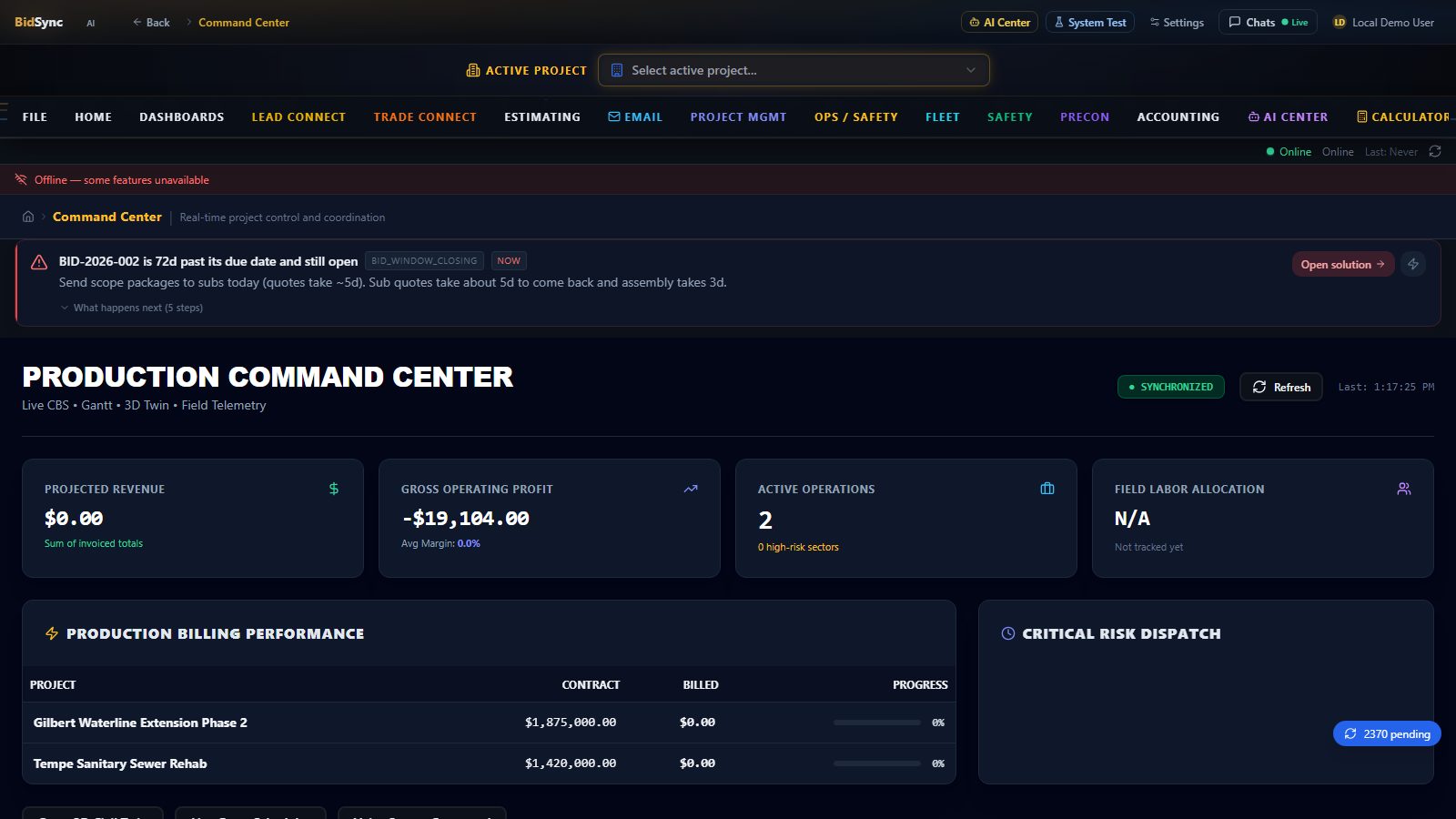 NexusOS command center screen in BidSync AI