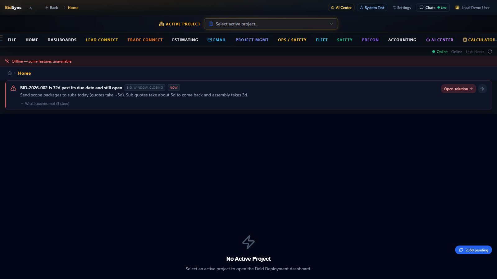Offline-first field sync screen in BidSync AI