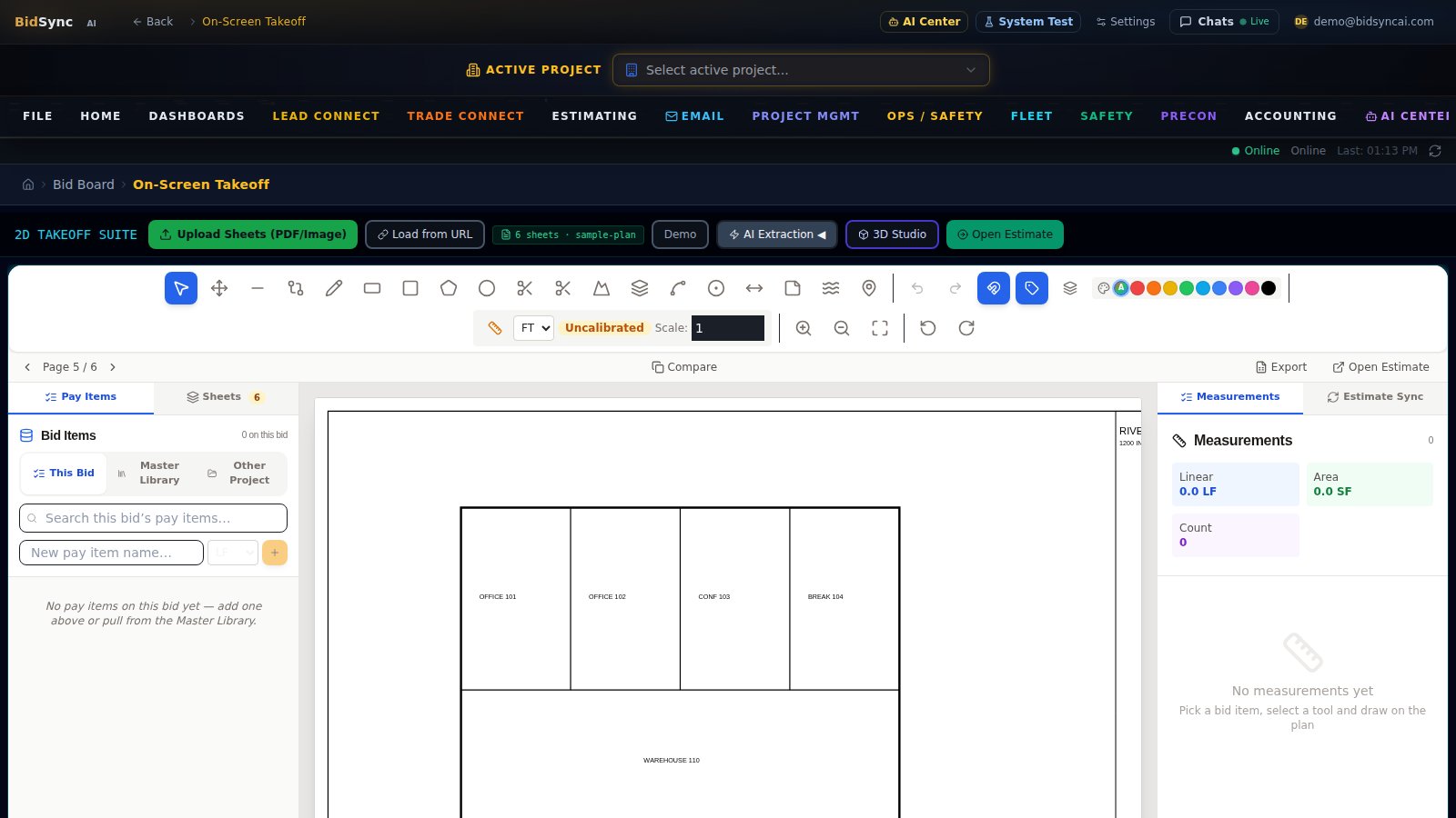 On-screen takeoff engine — real uploaded plan, floor plan sheet open screen in BidSync AI