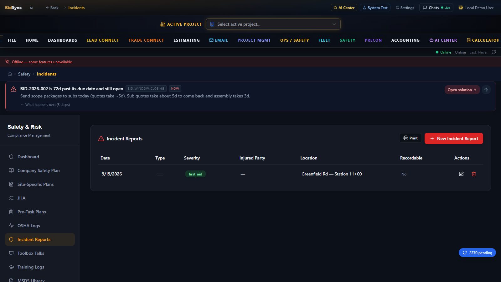 OSHA incident tracking screen in BidSync AI
